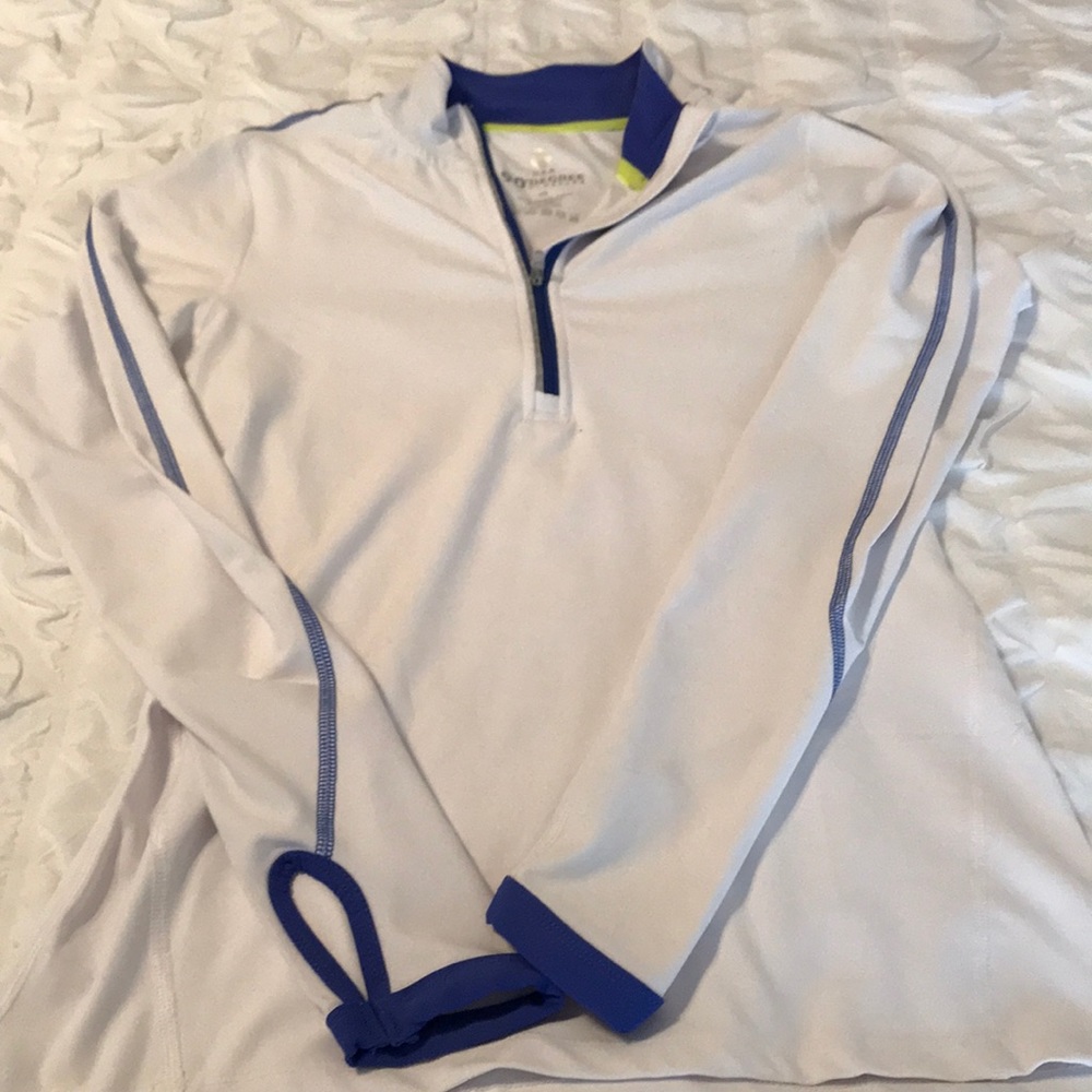 White with navy trim long sleeve workout shirt